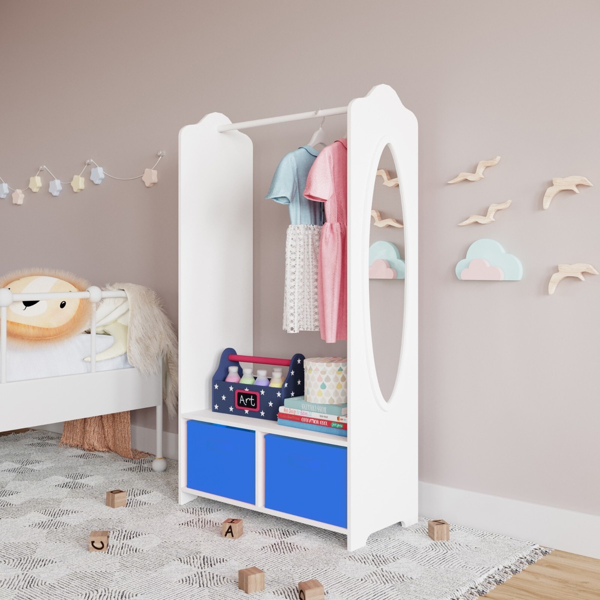 Kids MDF Wooden Hanging Clothes Rail Wardrobe Storage Shelves w