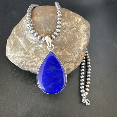 Blue Lapis Pendant Navajo Pearls Sterling Silver Necklace 20  16669