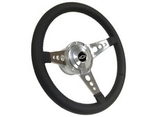 1960-74 Chevy Truck Silver Bow Tie Black Leather Billet Hole Steering Wheel Kit