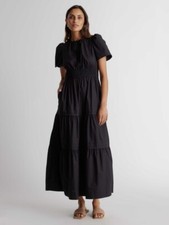 Quince Black Organic Cotton Tiered Maxi Dress sz S Women's Pockets Poplin Fabric