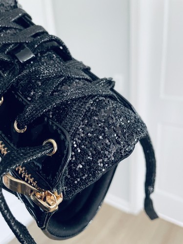 Women’s Black Glitter Wedge Ankle Booties Boots Lace Up Gold Zipper Size 7.5 NIB - Picture 13 of 15