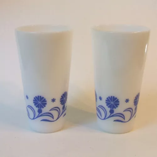 Hazel Atlas Blue Cornflower Milk Glass Tumbler Set of Two 8 oz