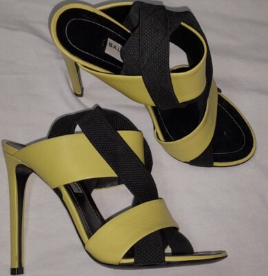 Y2K Style BALENCIAGA NEON Yellow Club Strappy Black Leather Mule Heels 35  us