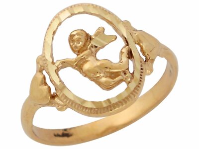 10k oder 14k Gelbgold süßer Amor mit Rahmen und Herzen Damen Engel Ring