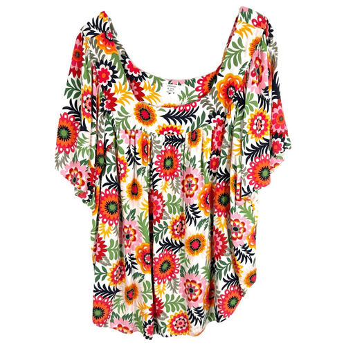 Crown Ivy Plus Size 1X Top Pink White Floral Print Square Neck Short Sleeve 481