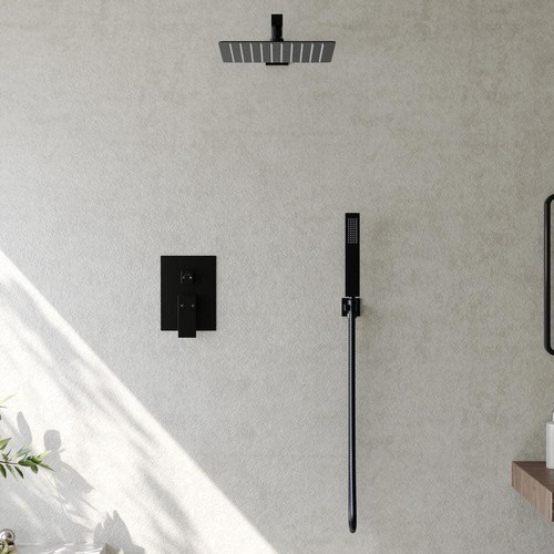 EVERSTEIN Dual Shower Head Fixed 10" Wall Mount Pressure Balance Matte Black - Picture 3 of 9