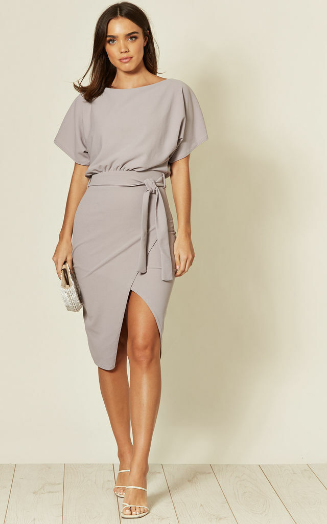 Judith Wrap Front Batwing Grey Midi Dress In SIZE UK 16 UK