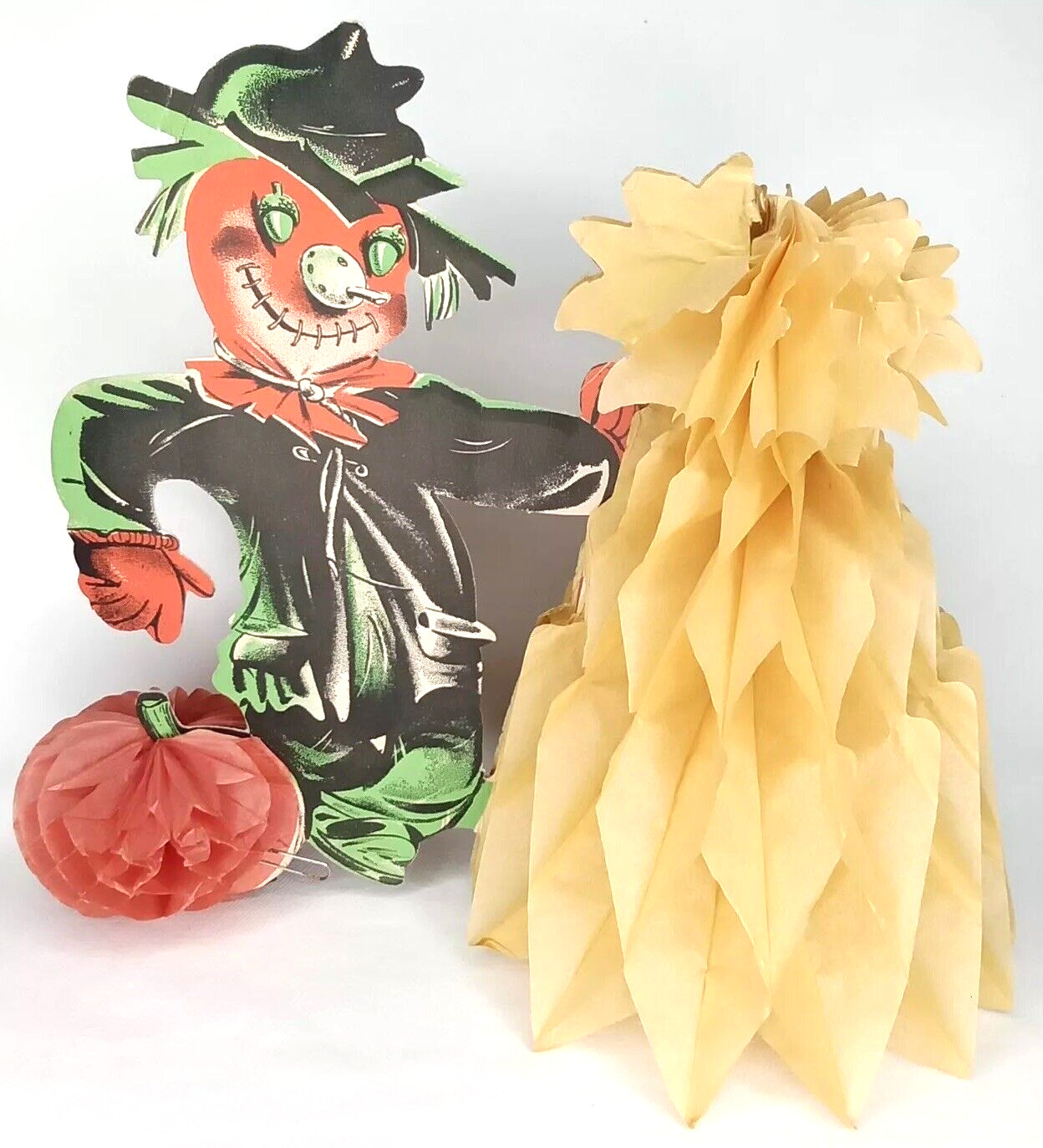Vintage 1960s honeycomb tissue paper scarecrow die-cut Halloween decoration