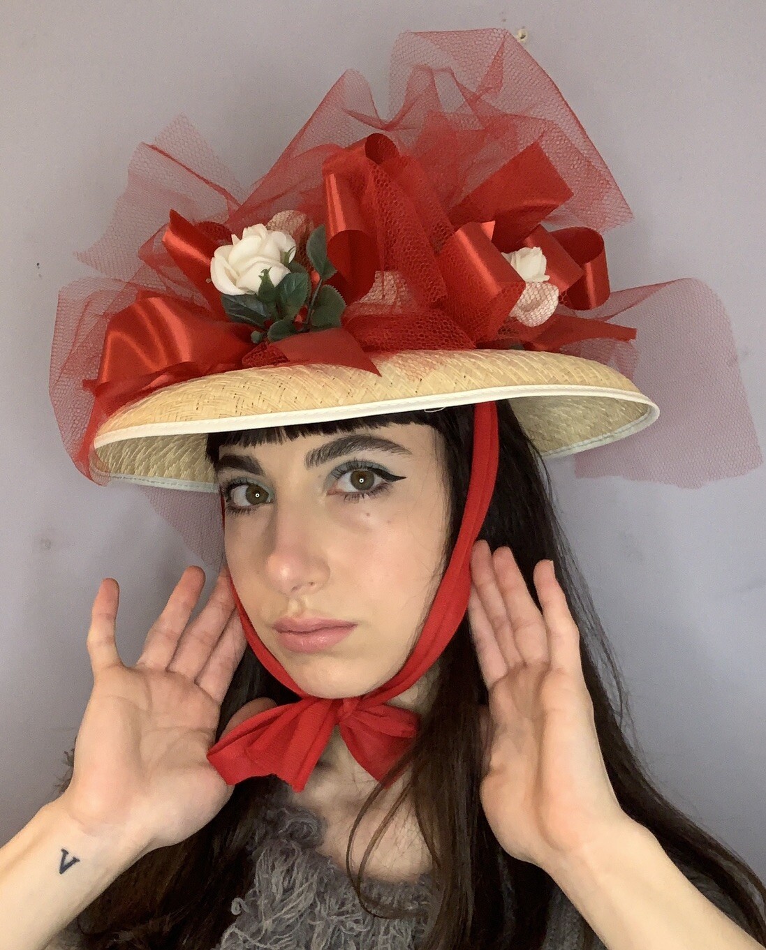 1960s Straw Boater Hat With Red Chin Straps, Flowers,… Gem
