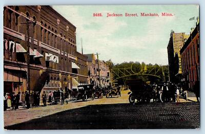 c1910's Jackson Street Classic Cars Crowd Building Mankato Minnesota MN Postcard