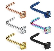 6pcs 20G Surgical Steel Mix Color CZ Nose Stud Rings L Shaped Piercing Jewlery