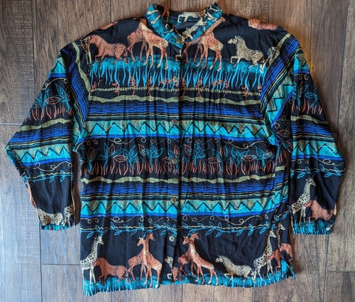 Laura M 100% Rayon Damen Unikat Animal Safari Print Button Down Shirt Gr. XL