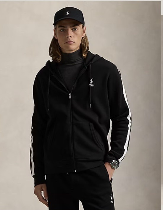 Polo Ralph Lauren Double Knit Full Zip Hoodie Black White Stripe Polo Ralph Lauren Double Knit Full Zip Hoodie Black White Stripe