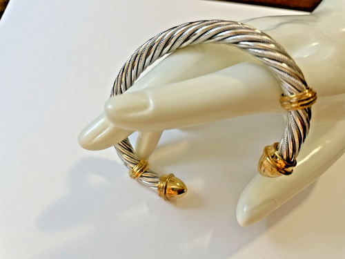 Open Cuff Bracelet Braided 2 Tone Shiny & Textured Silver Plate w Gold Plate - Picture 3 of 5