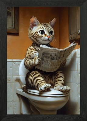 Katze liest Zeitung auf Toilette gerahmtes Wandbild Poster Leinwanddruck Bild