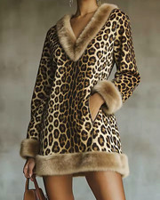 Women's Leopard Print Short Jacket Faux Fur Trim Collared Lined Pockets