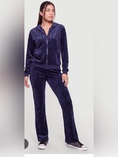 Navy Blue Velour Tracksuit Hoodie  Pants Lounge Set - Size Large