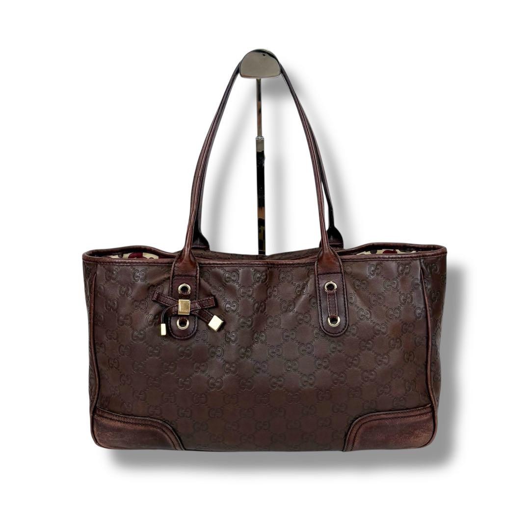 Preowned Gucci Shima Leather Tote Bag Brown Ribbon 13.8x9.1x3.9in 48in Strap