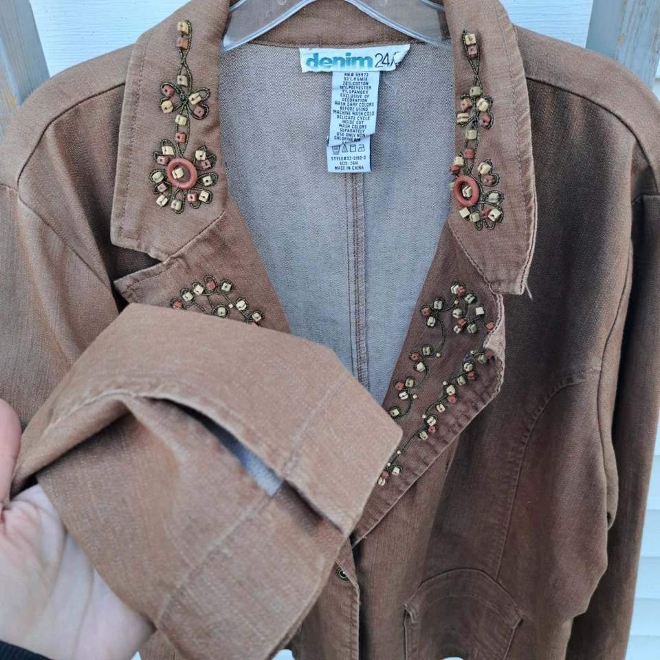 Y2K Vintage 3X Denim 24/7 Wood Beaded Blazer Brown Jacket Coat Women’s 24W - Image 2 of 4