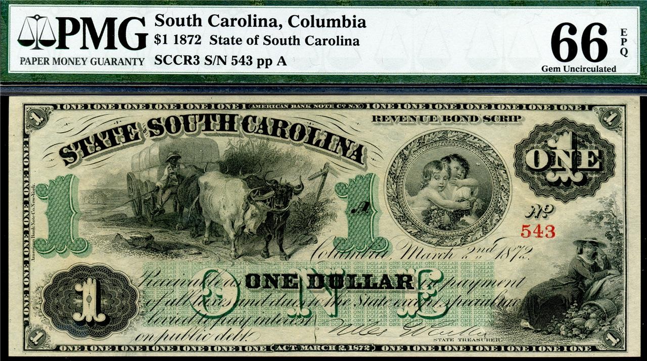 HGR 1872 $1 COLUMBIA S.Carolina SCCR3 ((Gorgeous)) PCGS GEM UNC 66PPQ