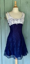 Vintage Zum Zum 80s Prom/Formal Dress Blue White Lace Crenoline Fit Flare M