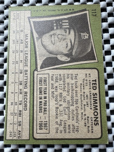 1971 TOPPS #117 TED SIMMONS ROOKIE RC ST. LOUIS CARDINALS HOF - Picture 2 of 2