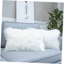 Set of 2 Decorative Lumbar Faux Fur Throw Pillow 20" x 12" Pack of 2 White