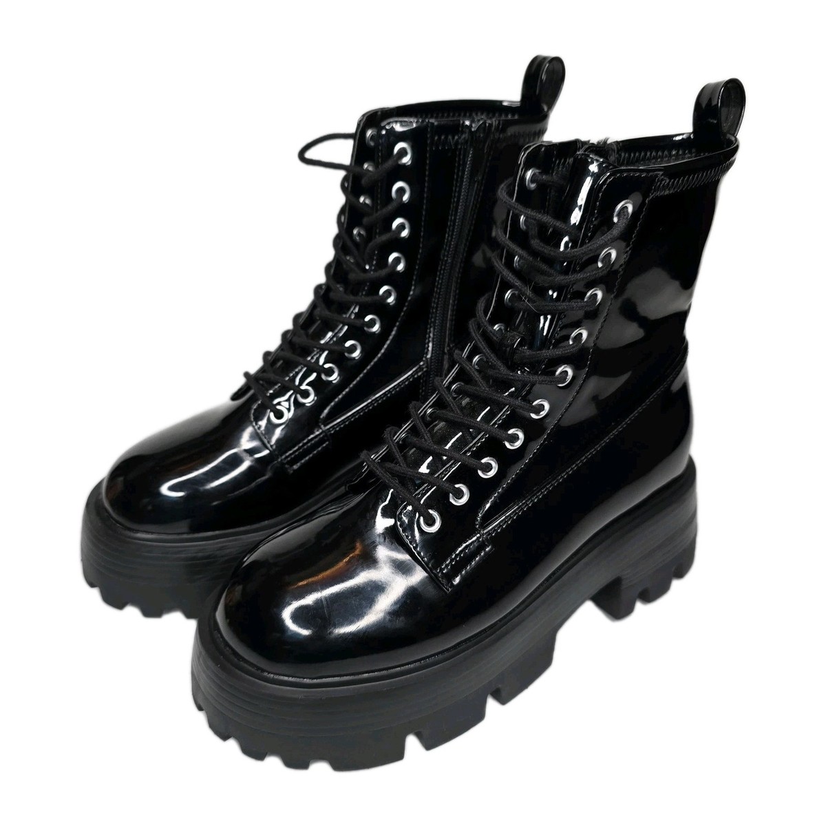 Vintage Y2K Patent Leather Chunky Platform Zip Combat Boots Grunge