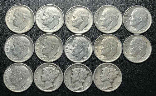 1937 Mercury & 1946 Roosevelt Dimes 90% Silver ~1 Oz ASW $1.40 Face (14 Coins)