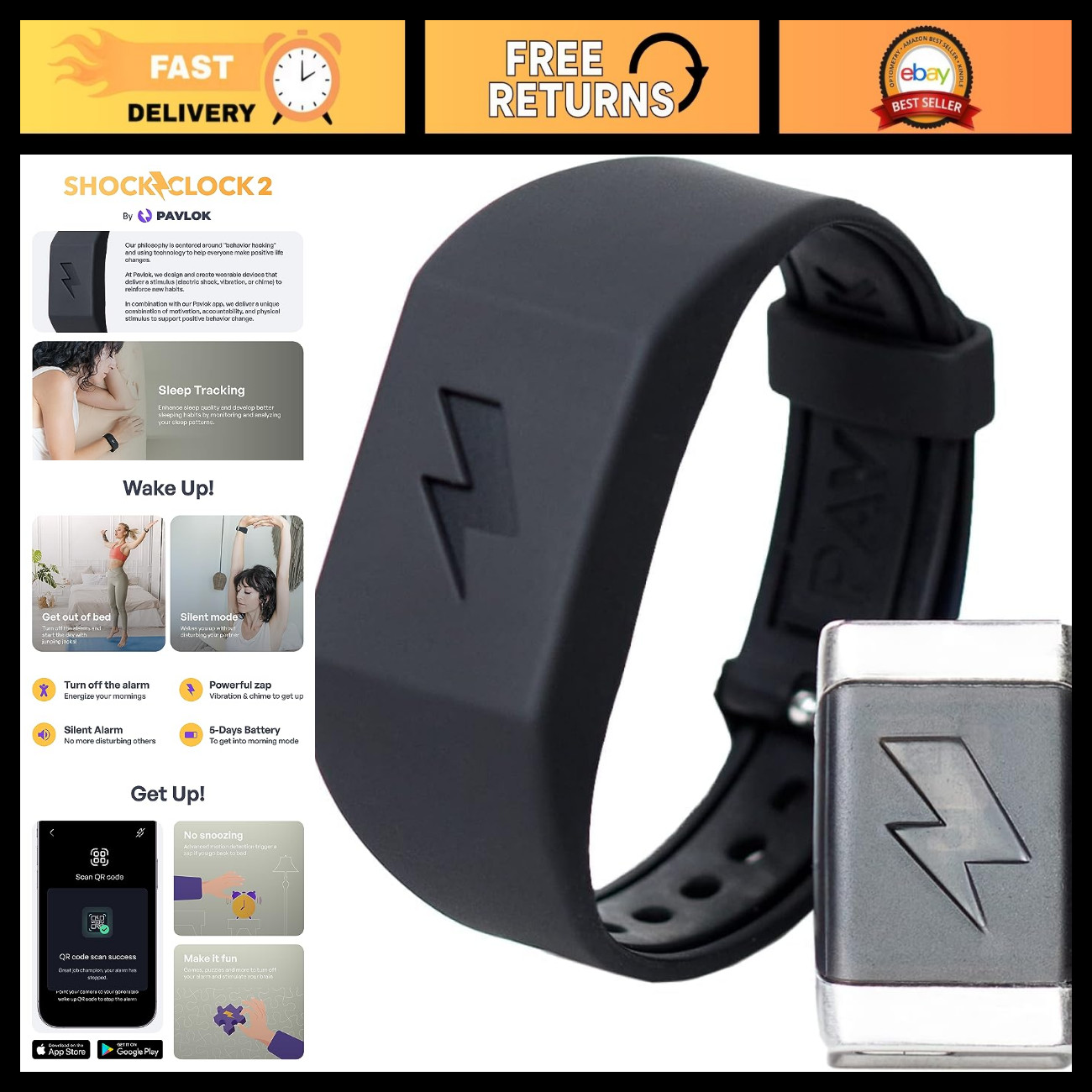 Shock Clock 2 - Silent Vibrating Alarm for Heavy Sleepers & Students - Wake Up O