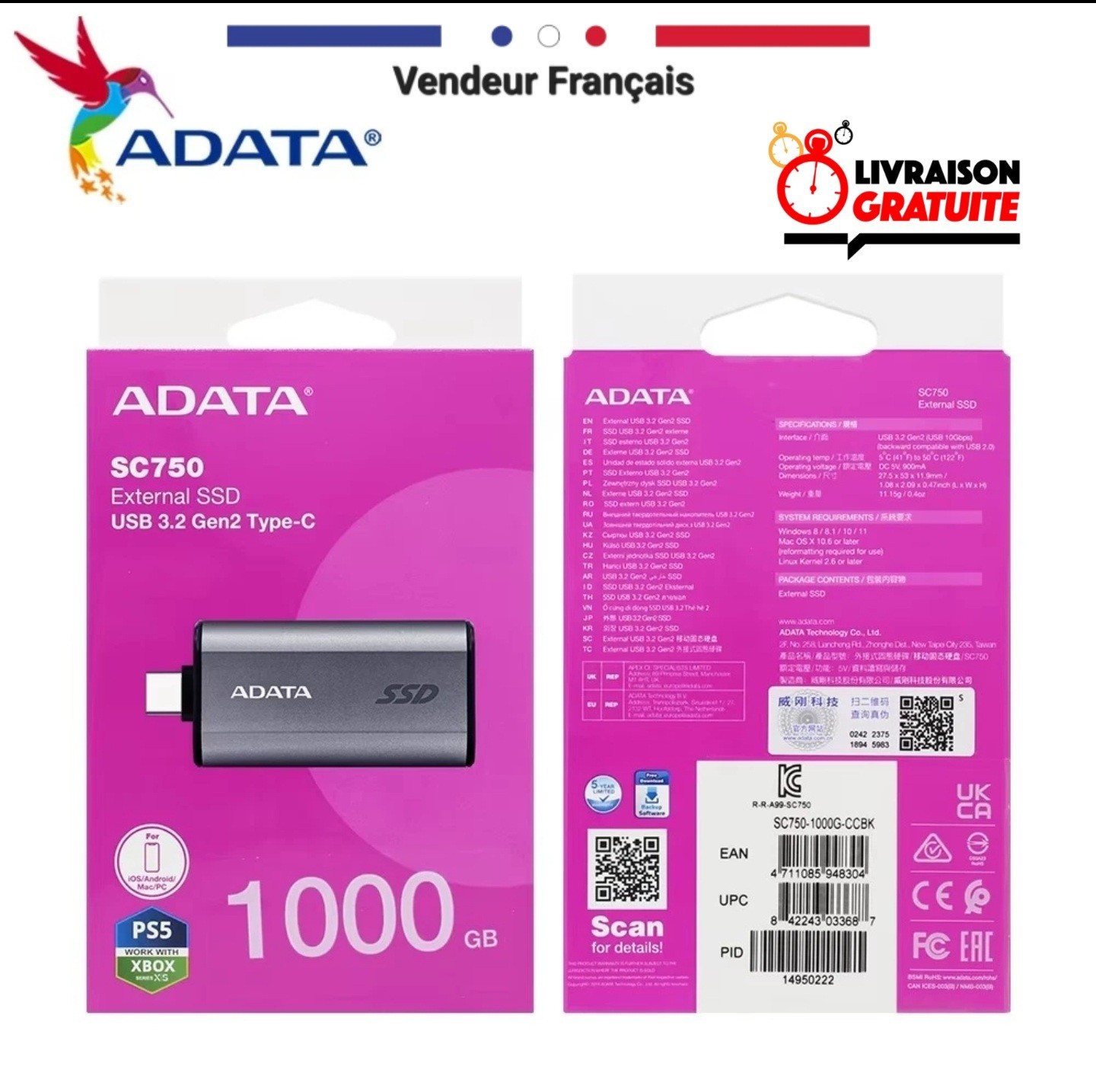 Disque dur externe SSD ADATA 1to pour monter vos vidéos de vacances en voyage