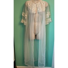 New Vintage Sheer IVORY Peignoir With Lace Trimmed Robe Vintage M FITS Sm or M