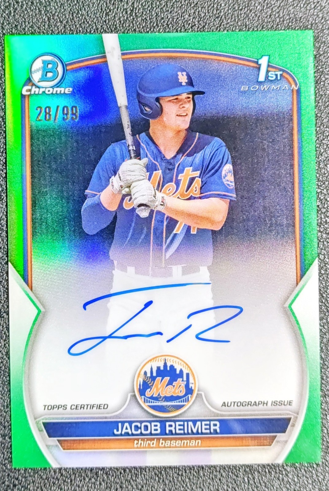 2023 Bowman Chrome Jacob Reimer 1st True Green Refractor Auto Rookie #d /99 METS