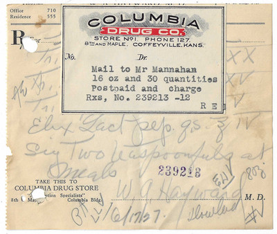 1927 Prescription, W.A. Hayward MD, Coffeyville, KS, Columbia Drug Co., Mannahan