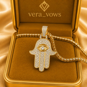 Authentic 14K Yellow Gold Plated Evil Eye Hamsa Hand Certified Moissanite Round Pendant