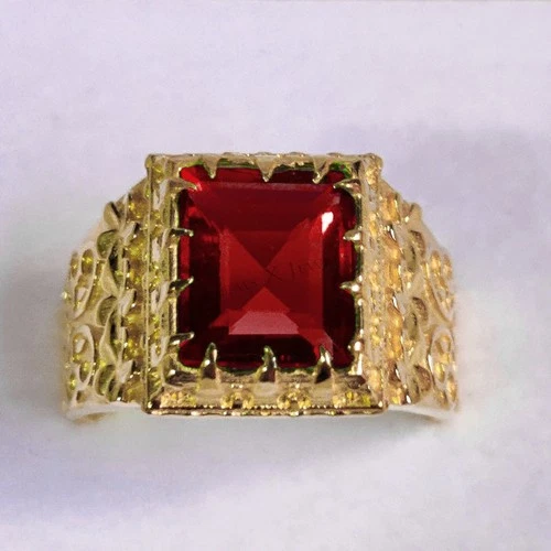 Men's Garnet Silver Ring Solitaire Engagement Ring 14k Yellow Gold Plated Ring