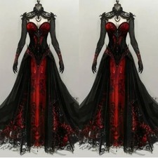 Gothic Mermaid Wedding Dresses Black and Red Lace Appliques Vintage Bridal Gowns