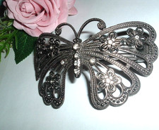 WHITE RHINESTONE OXIDIZED SILVER BUTTERFLY 3.5" HAIR BARRETTE NWT