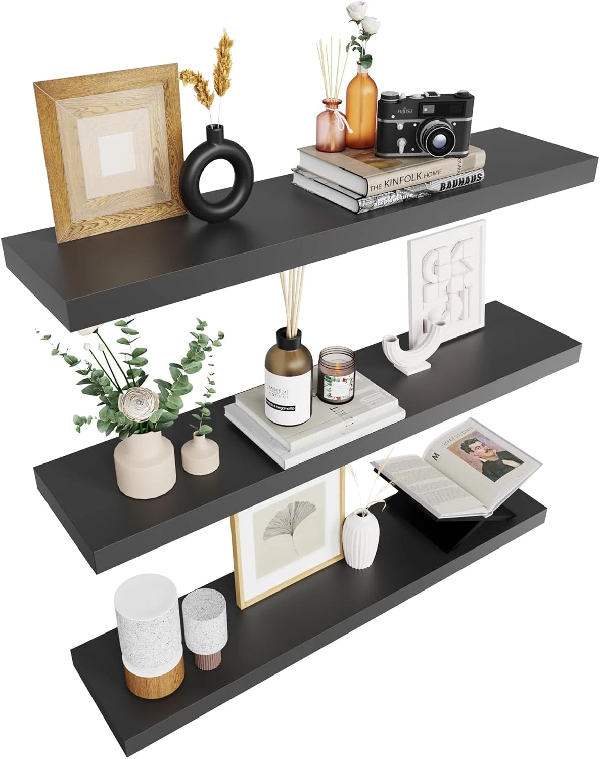 Rustic Black Floating Shelves Set of 3 for Bathroom, Kitchen & Living Room