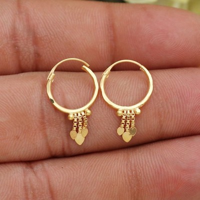 18kt Yellow Gold Hoop Bali Earrings Solid Fine Heart Drop 18k Handmade
