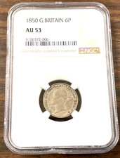1850 Great Britain 6 pence  NGC AU 53 - Young Queen Victoria.