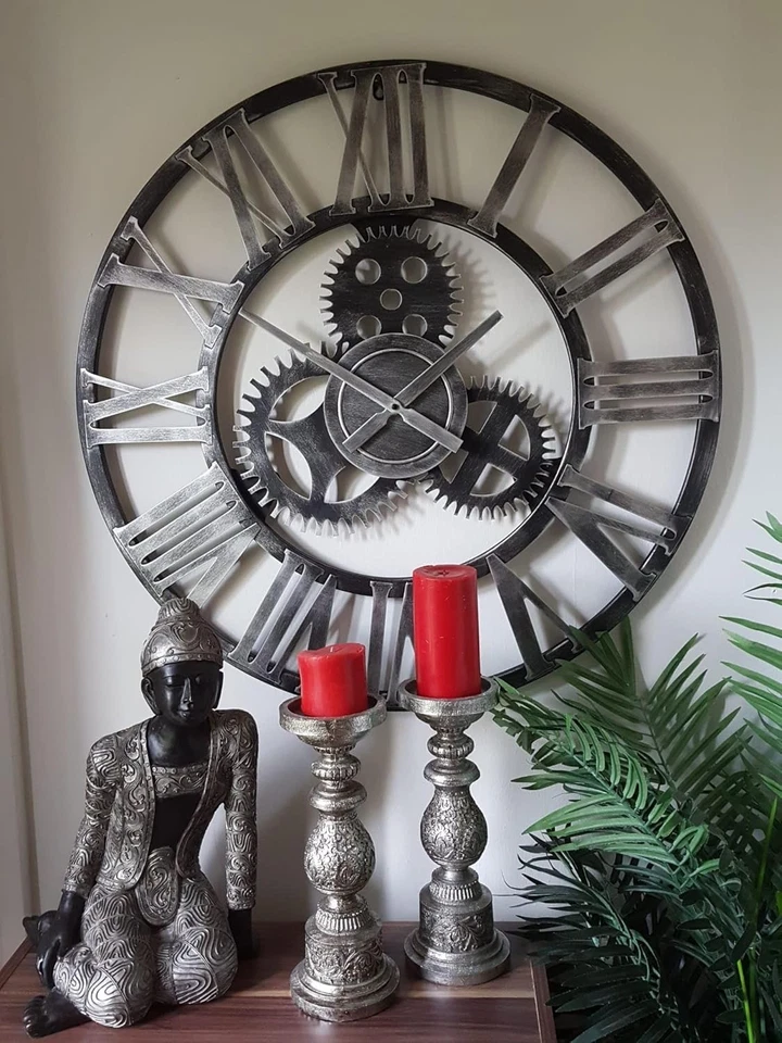 Reloj de Pared Industrial Engranaje de Metal 76cm - Plata Rústica Esqueleto Números Romanos Foto 2 de 4