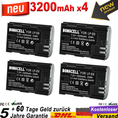 4x 3200mAh LP-E6 Akku für Canon EOS 7D 5D Mark II III 6D XC10 70D 60D 60Da 5DS R