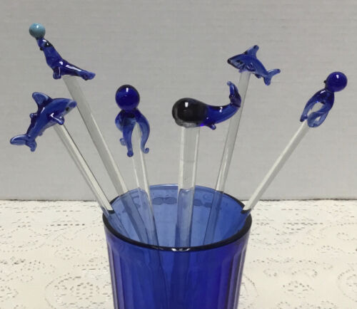 6 Swizzle Sticks Blown Glass Sea Life Cobalt Beach Nautical Fish Octopus Whale + - Bild 3 von 14