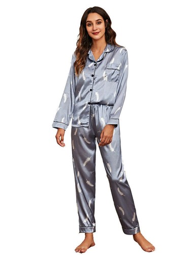 Women's Satin Pajama Set Long Sleeve Button Sleepwear 2-Piece Lounge Set - Picture 12 of 23