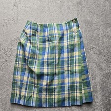Talbots Skirt 8 Wrap 100 Irish Linen Plaid Lined Preppy Academia Blue Green Vtg