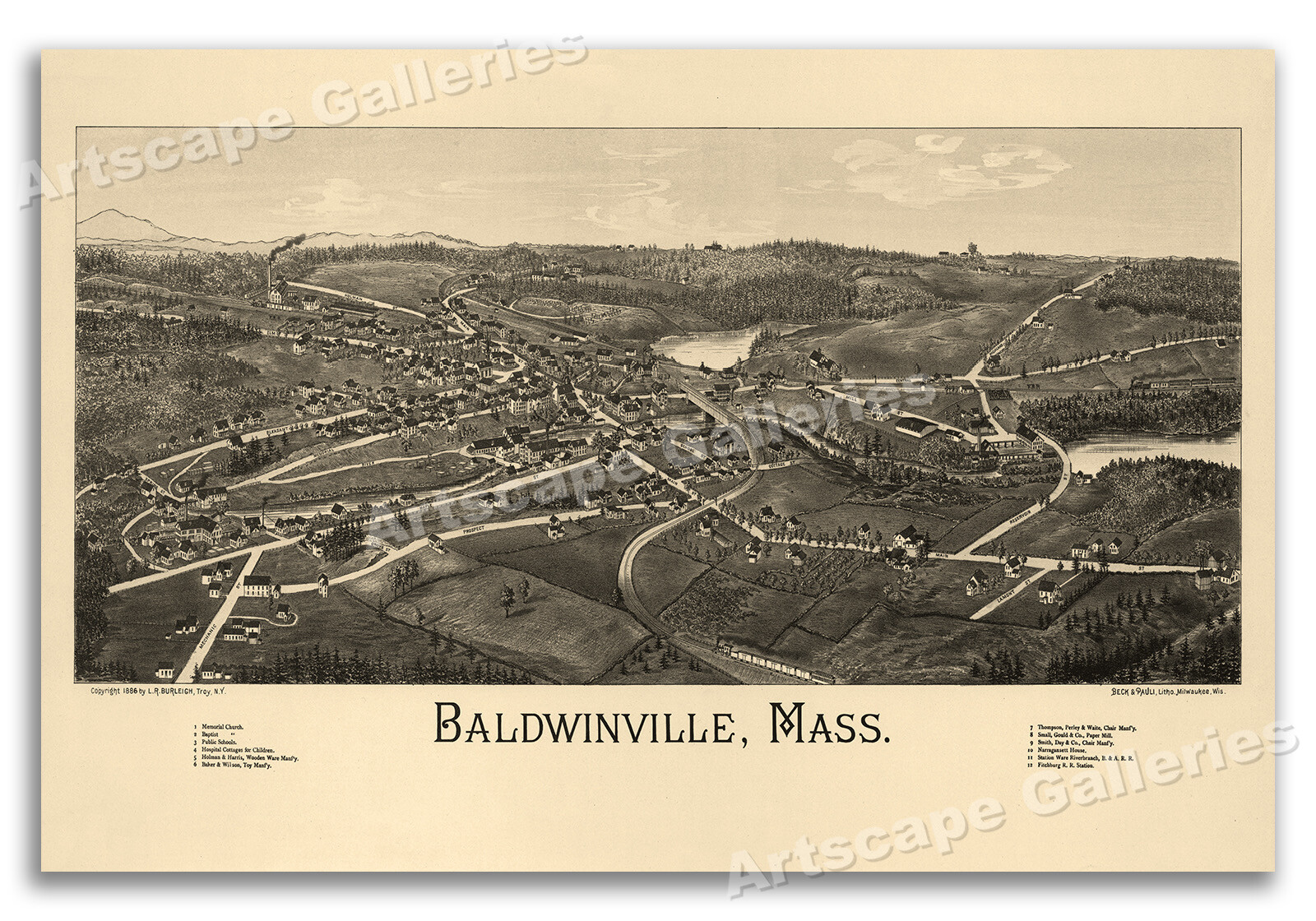 Bird's Eye View 1886 Baldwinville Massachusetts Vintage Style City Map 16x24 eBay