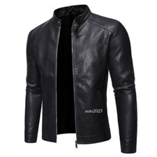 Men's Stand Collar Pu Leather Motorcycle Jacket Slim Fit Zip Coats Biker Outwear