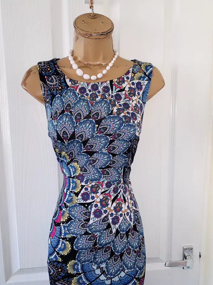 JOSEPH RIBKOFF Blue & Colourful Pecock Sequined Jersey Dress Uk Size 10 - Image 4 of 4