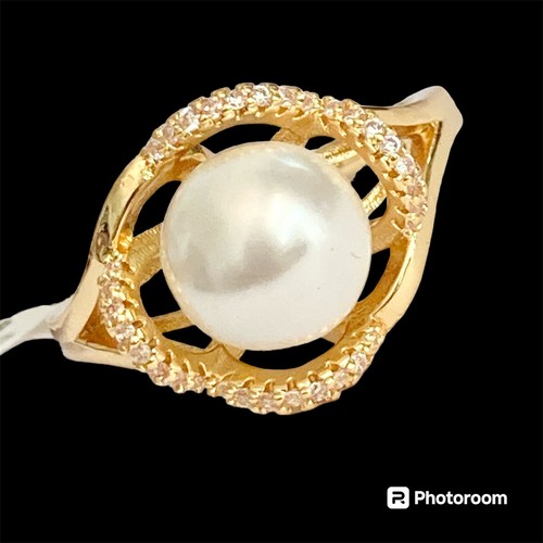 Art Deco Cubic Zirconia Pearl Cocktail Ring 14 kt Yellow Gold Plated Size 9 Faux - 第 17/17 張圖片